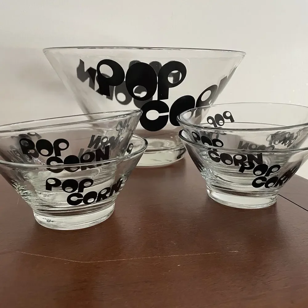Vintage Glass Popcorn Serving Bowl Set (5) Black 70s Style MCM Wheaton
